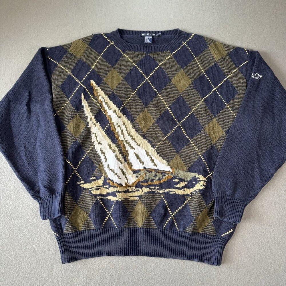 Vintage 90s Nautica Scotland Cup Sailboats Knit Pattern Sweater Men's XL Blue‎
